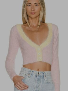 For Love & Lemons Pink Yellow Pastel Cropped Fuzzy Cardigan Cute Sweet Style